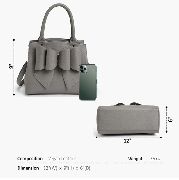 NEW! 3D Bow Vegan Leather 3-Way wear Grey Satchel, Crossbody, & Shoulder (Large) - Picture 6 of 13